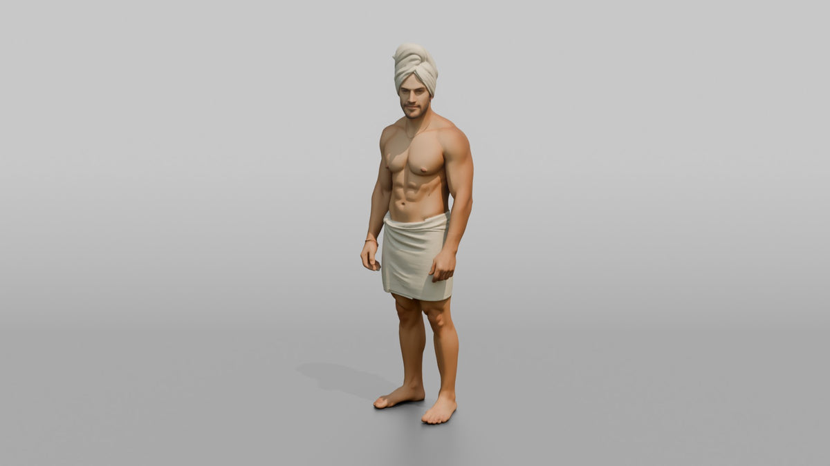 Spa Client Man Standing With A Towel Wrapped Turban-style Around The Head - 3D character model, view 4