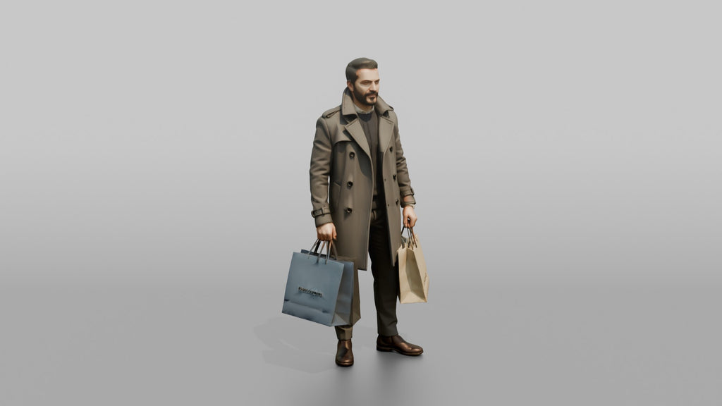 Middle Eastern Man in Trench Coat with Shopping Bags