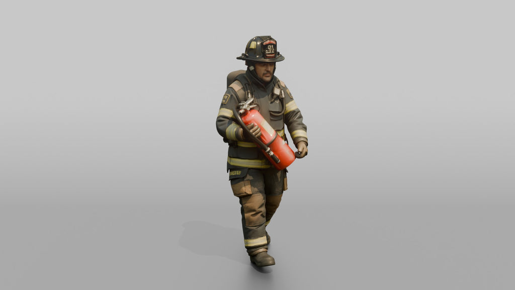 Firefighter Man Carrying a Heavy Foam Fire Extinguisher