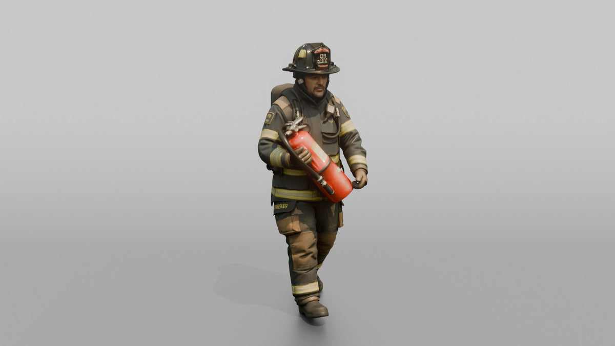 Firefighter Man Carrying a Heavy Foam Fire Extinguisher - 3D character model, view 1