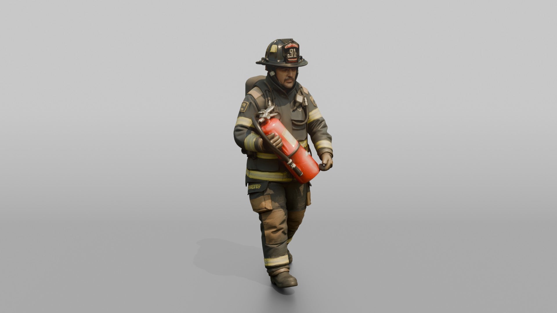 Firefighter Man Carrying a Heavy Foam Fire Extinguisher