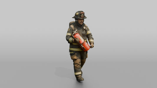 Firefighter Man Carrying a Heavy Foam Fire Extinguisher - 3D character model, view 1