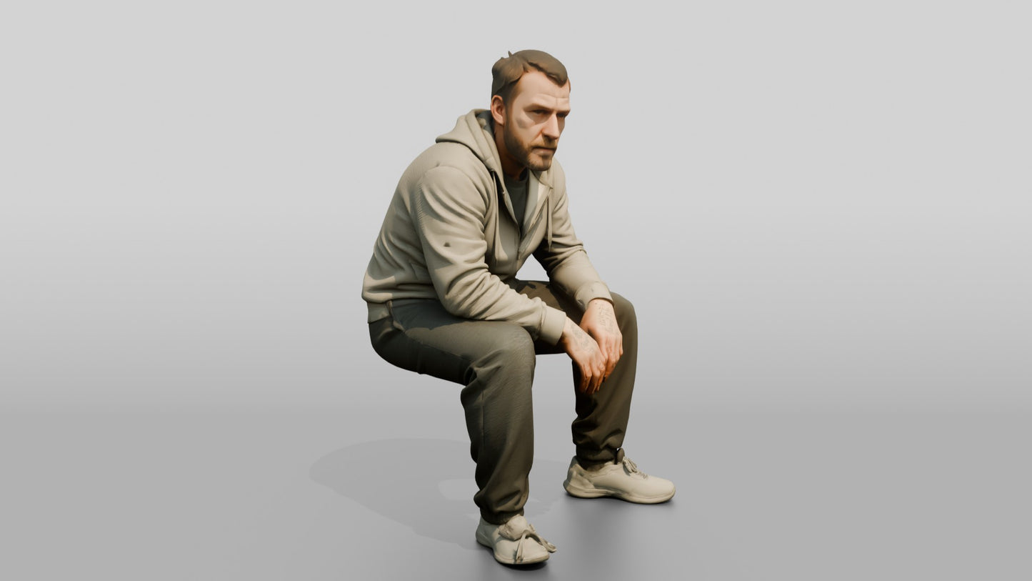 White Male Prisoner in a Grey Zip-up Hoodie and Dark Sweatpants