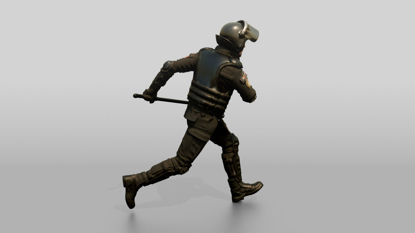 Riot Police Officer Running with Baton