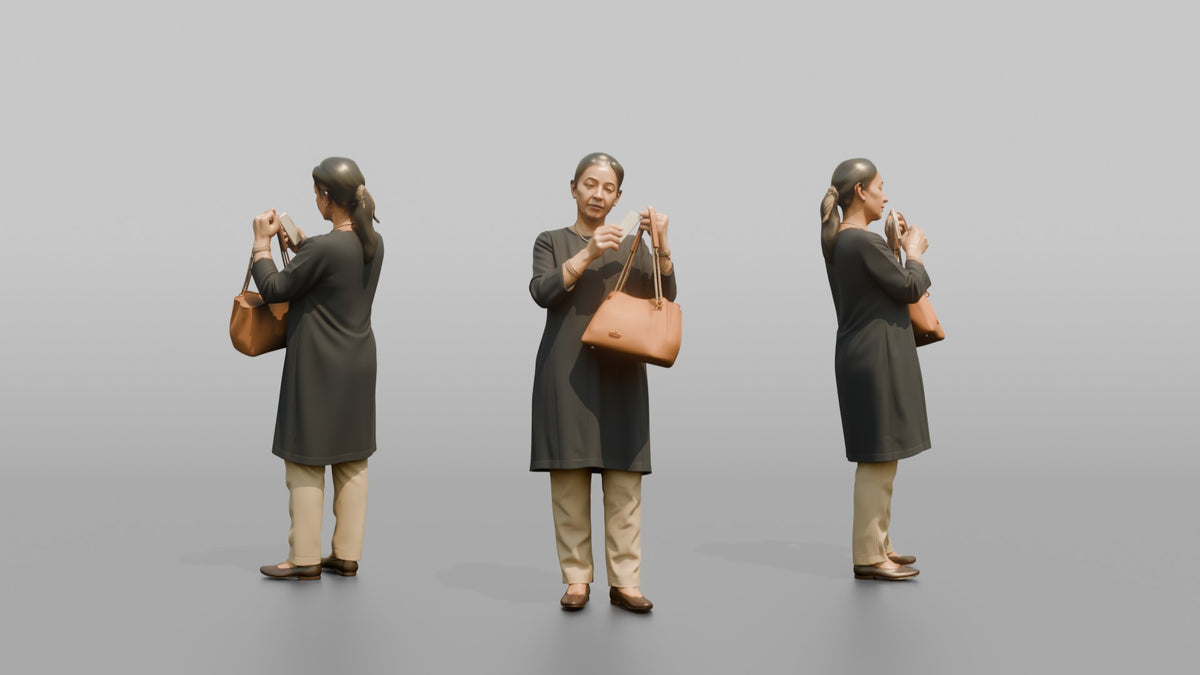 Woman Customer Examining The Price Tag On A Handbag - 3D character model, view 1