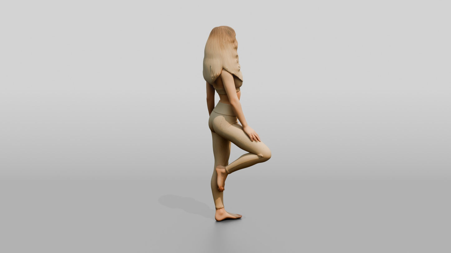 Blonde Woman in Beige Activewear in Tree Pose