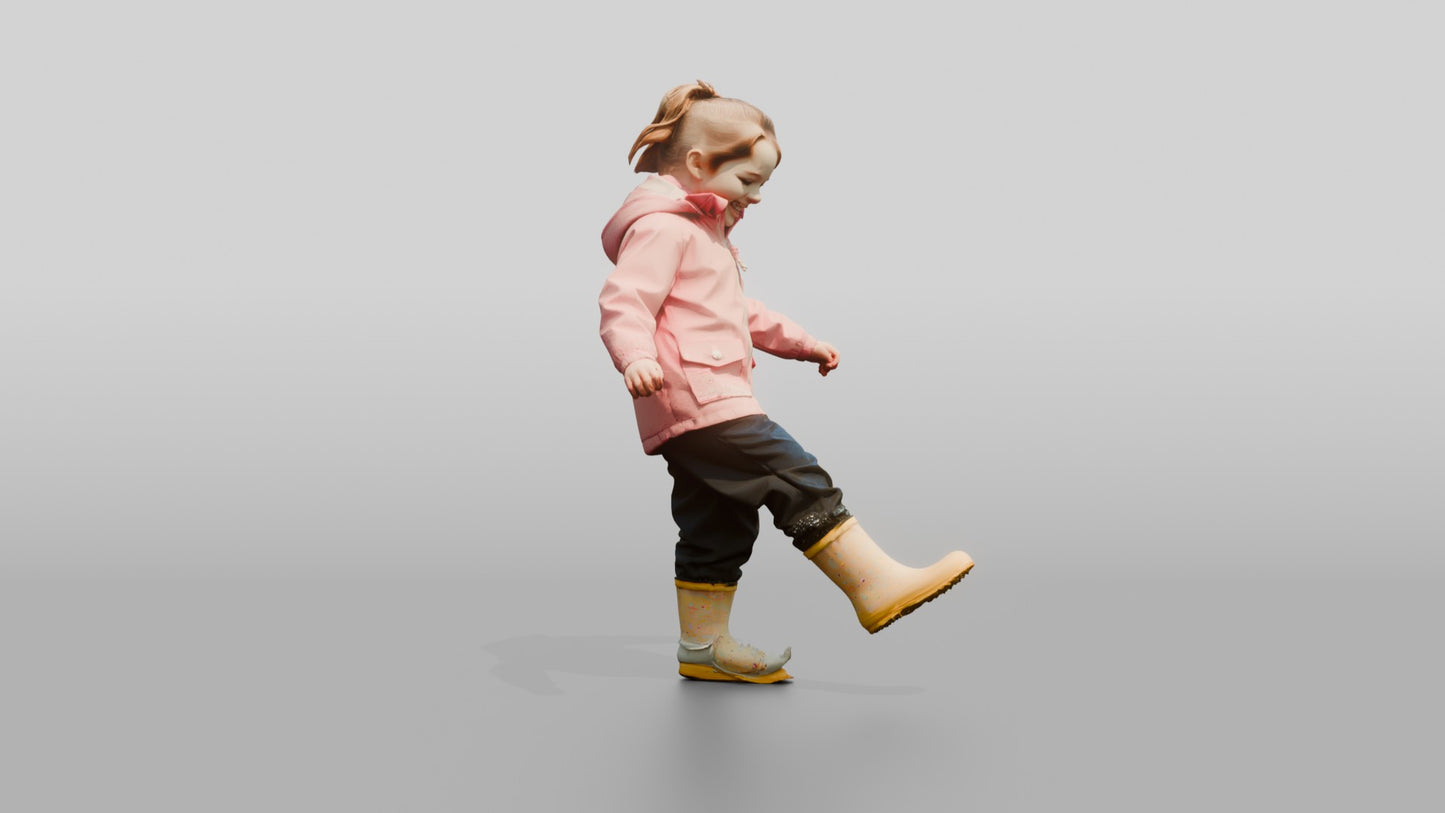 White Girl in Pink Raincoat Splashing in Puddle