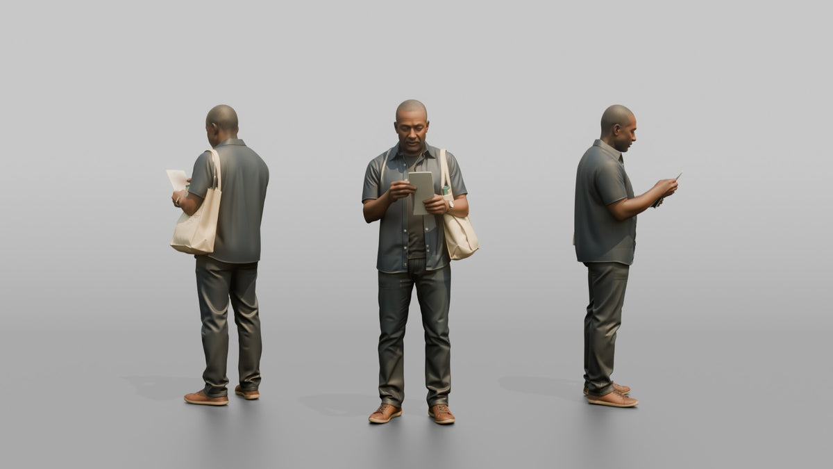 Man Customer Holding A Shopping Bag While Checking A Receipt - 3D character model, view 1