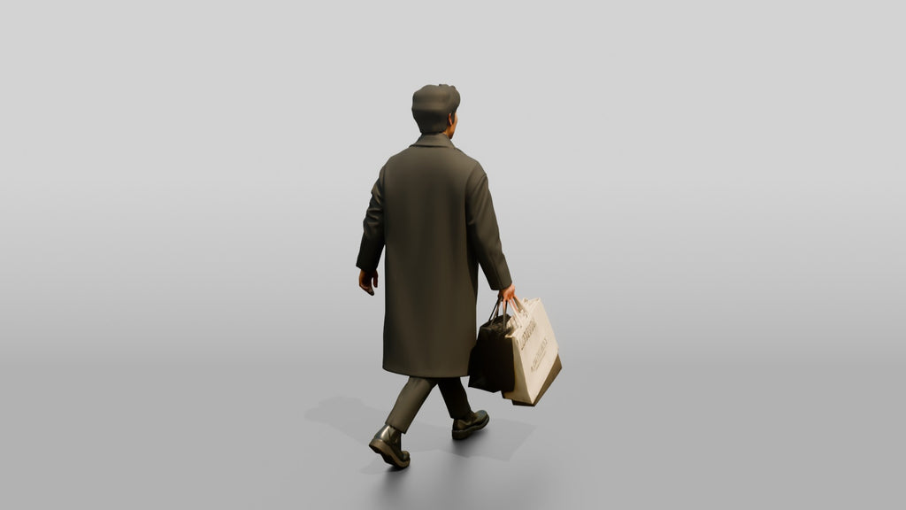 Man Walking in Long Wool Coat with Shopping Bags