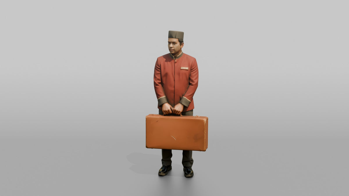 Bellhop Man Carrying A Single Large Suitcase With Both Hands - 3D character model, view 4