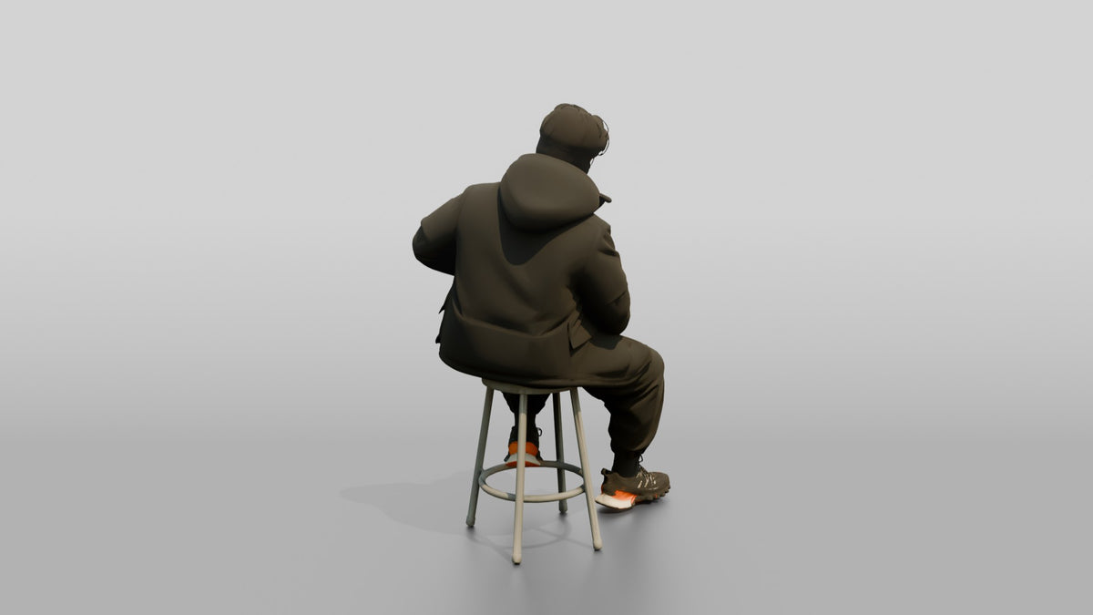 Techwear Man Relaxing on a Stool - 3D character model, view 3