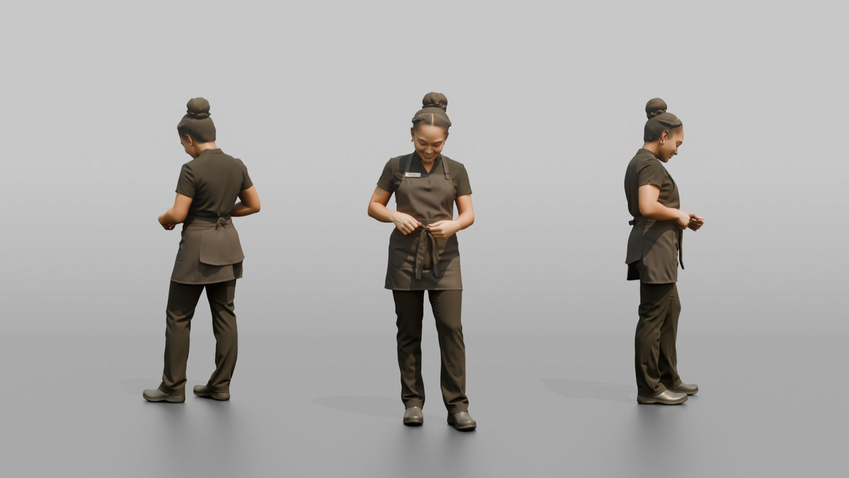 Massage Therapist Woman Adjusting A Spa Apron At The Waist - 3D character model, view 1