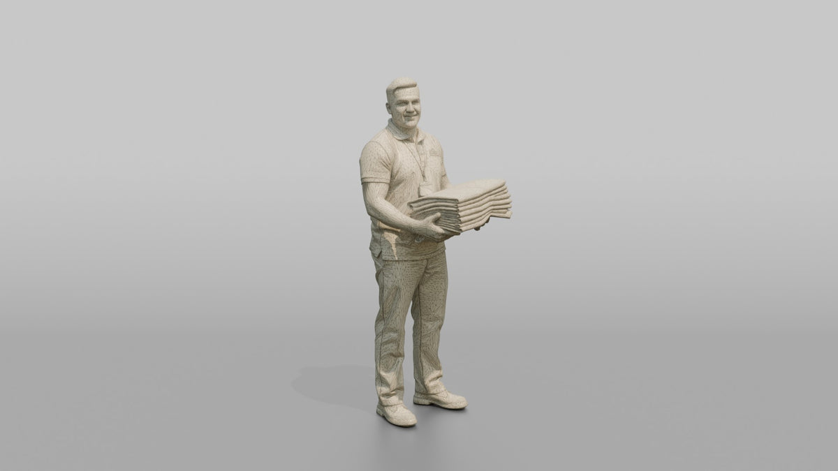 Housekeeping Staff Man Carrying A Stack Of Clean Bedsheets - wireframe topology preview