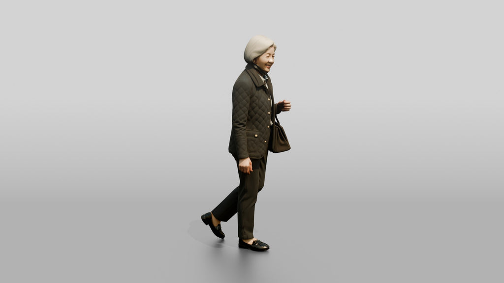 Elderly Asian Woman in Quilted Jacket with Luxury Handbag