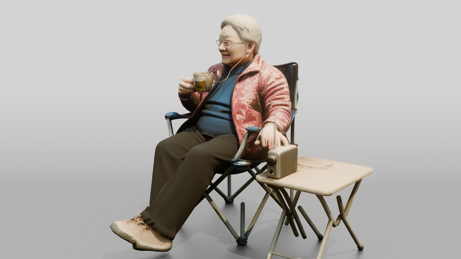 Elderly Chinese Woman Relaxing with Tea Outdoors