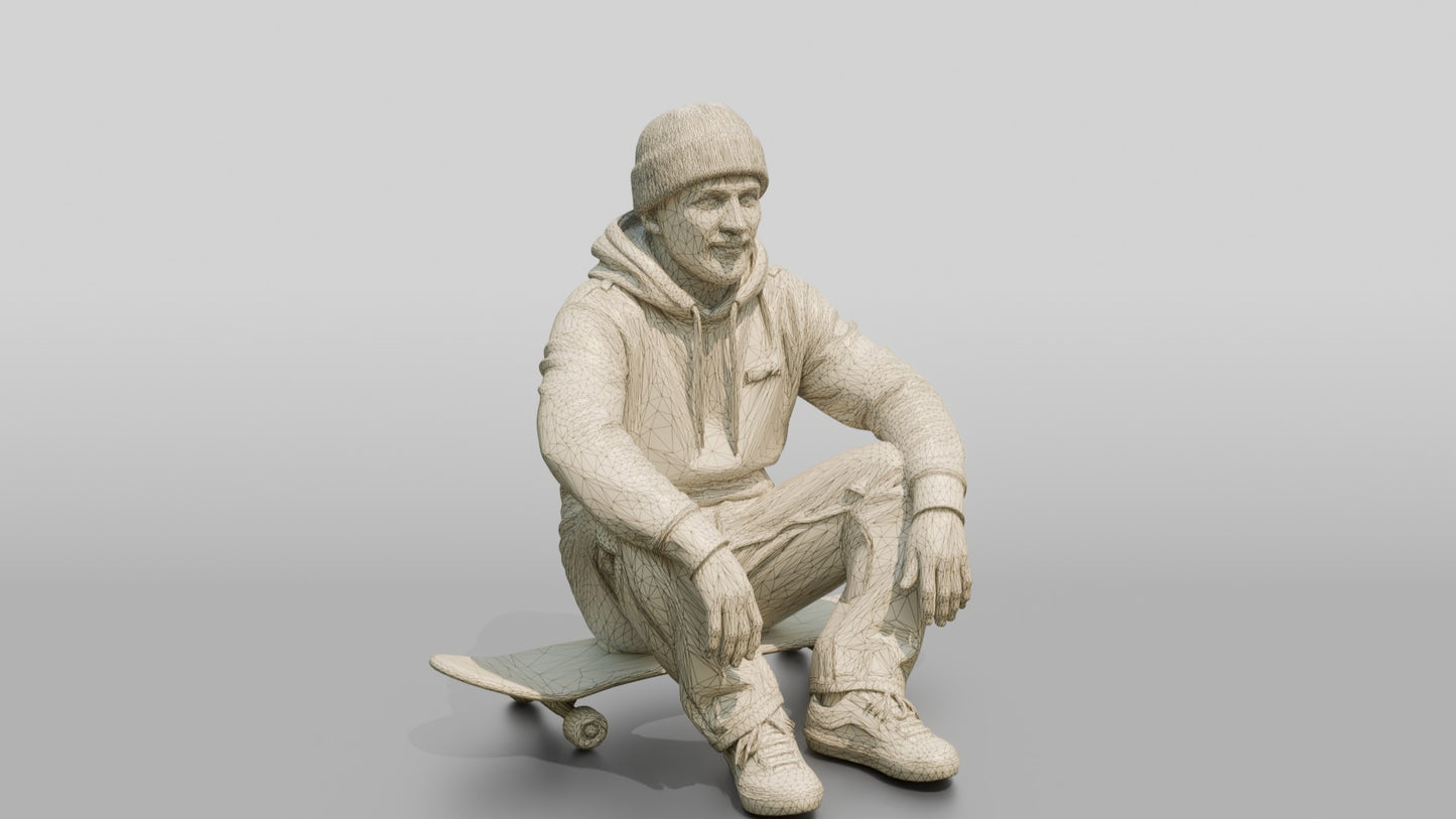 Skater Man Sitting on Skateboard