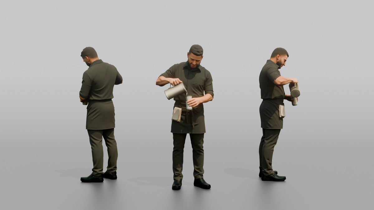 Server Man Pouring Water From A Pitcher Into A Glass - 3D character model, view 1
