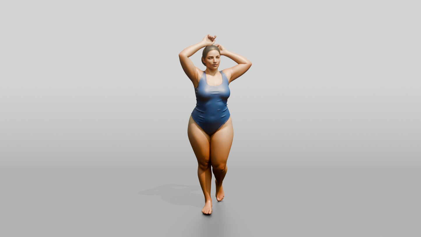 Curvy Woman in Blue One-Piece Swimsuit Arms Raised