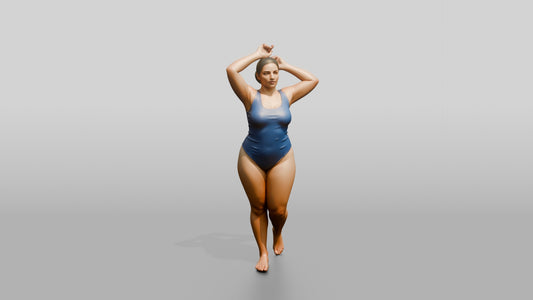 Curvy Woman in Blue One-Piece Swimsuit Arms Raised - 3D character model, view 1