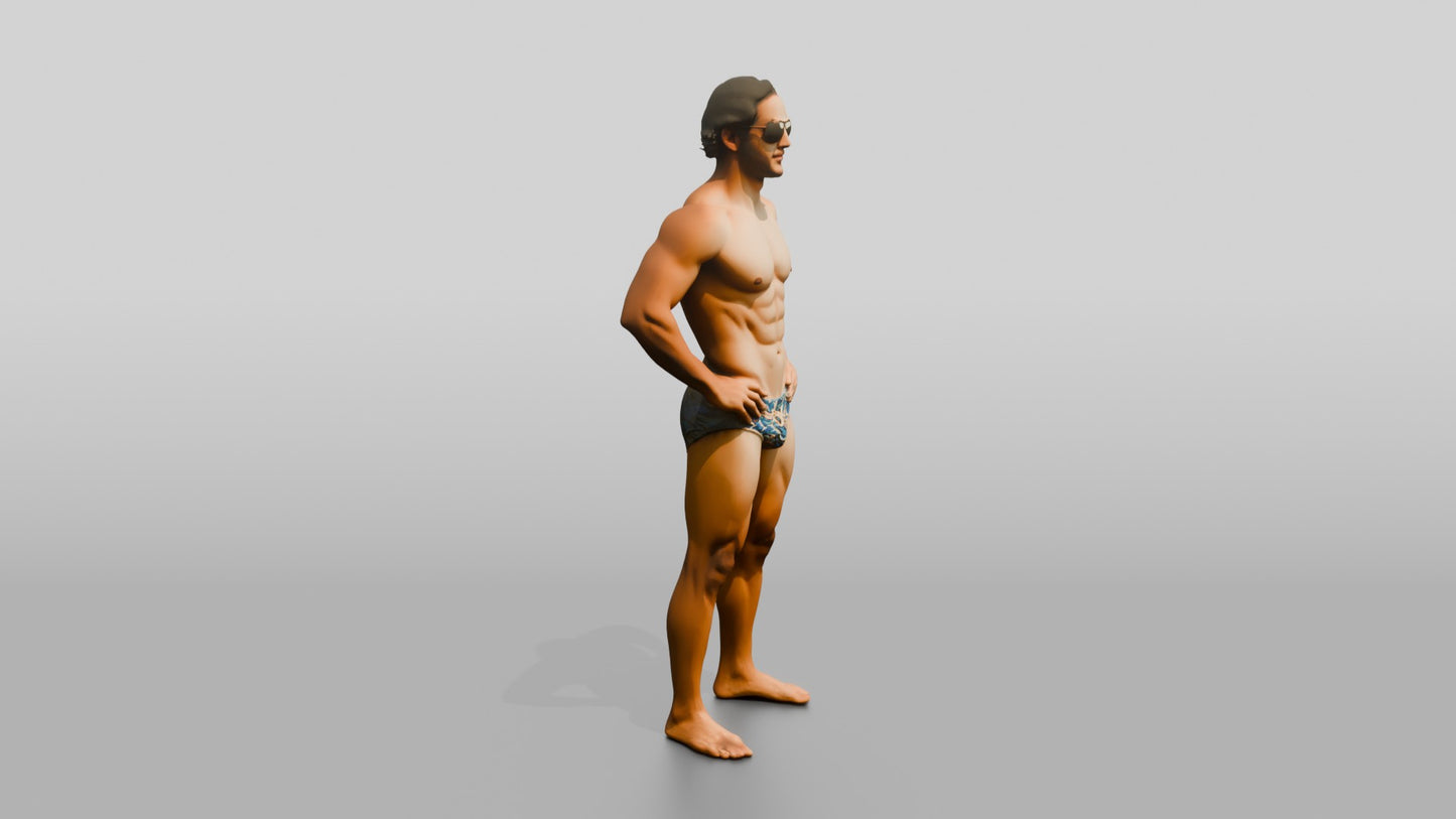 Latino Man in Geometric Swim Brief Beach Pose