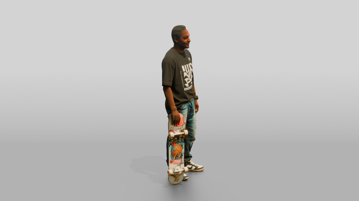 Skater Man in Ripped Jeans with Skateboard