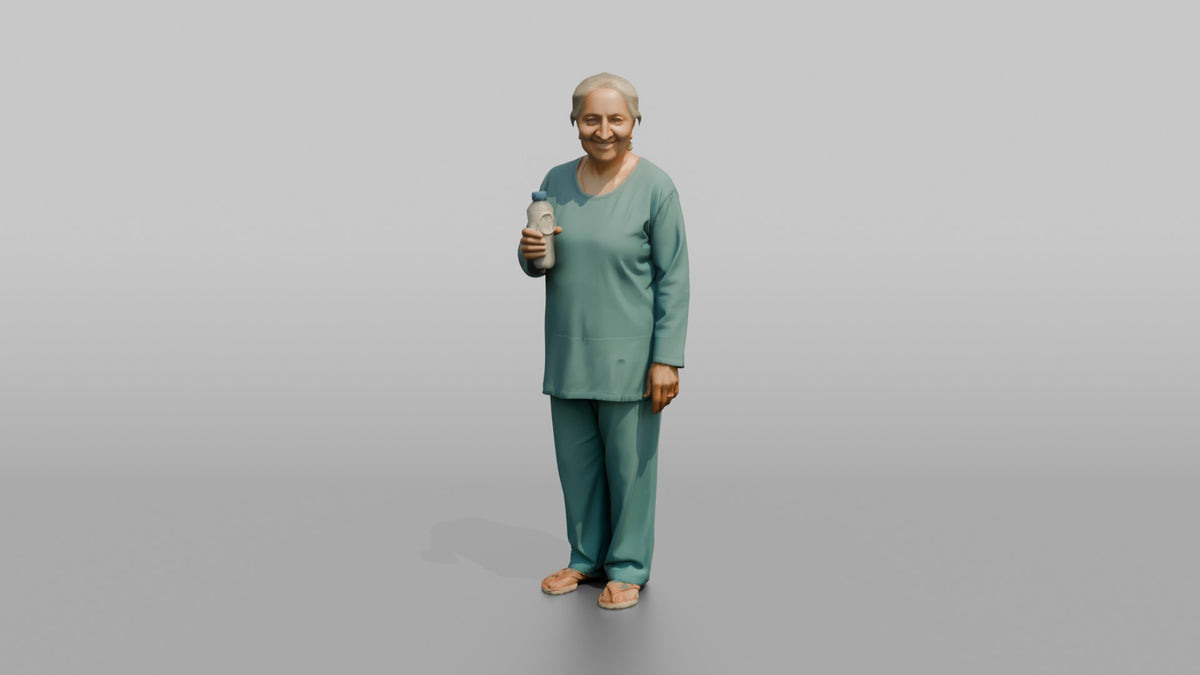 Spa Client Woman Standing Holding A Small Water Bottle, Post-treatment - 3D character model, view 5
