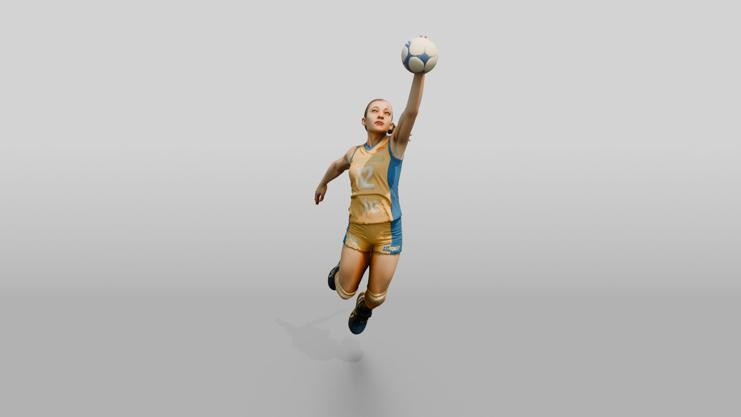 Hispanic Female Volleyball Player in Gold and Blue Uniform