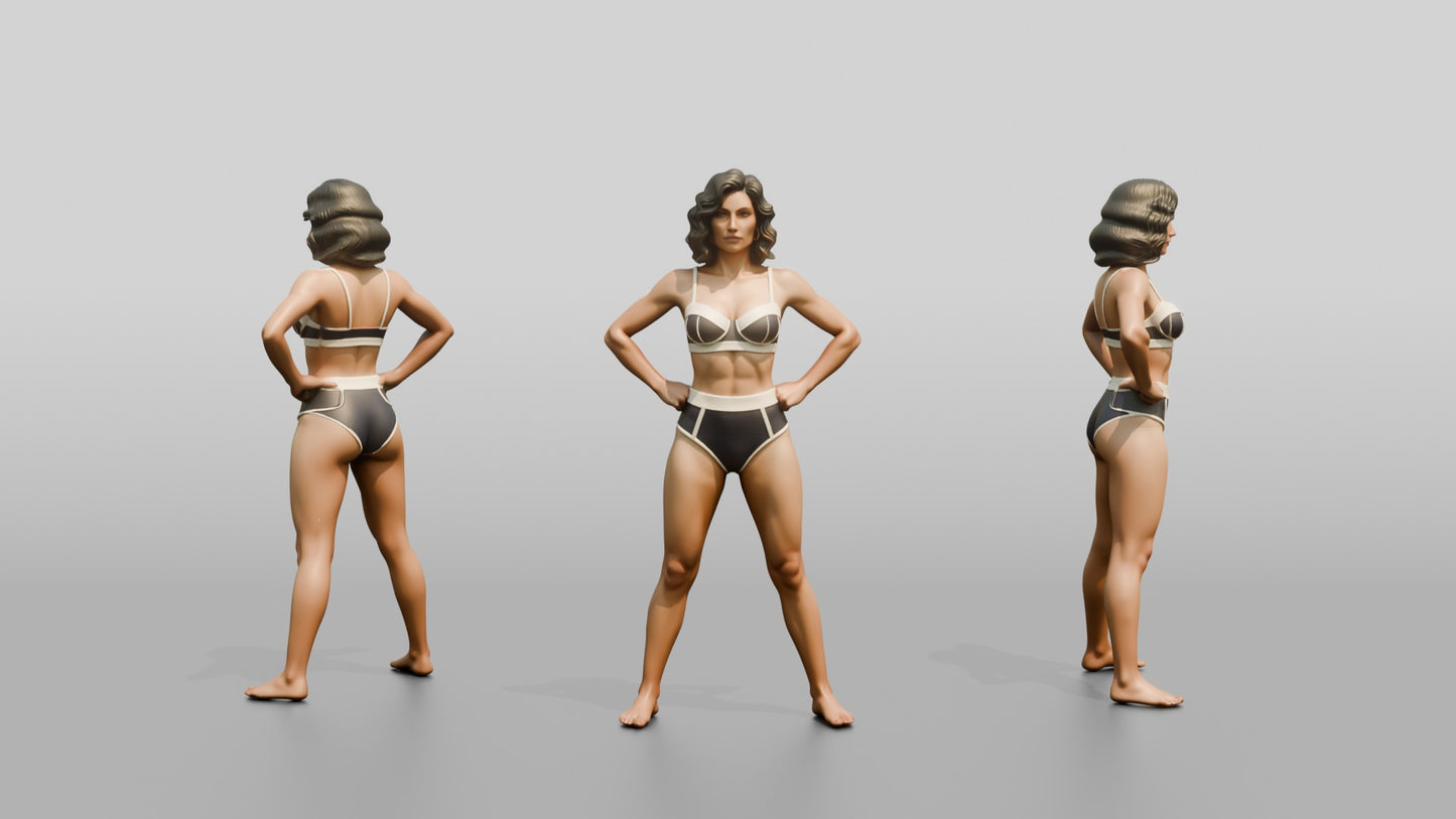 Woman in Black Two-Piece Swimsuit Wide Stance Hands on Hips
