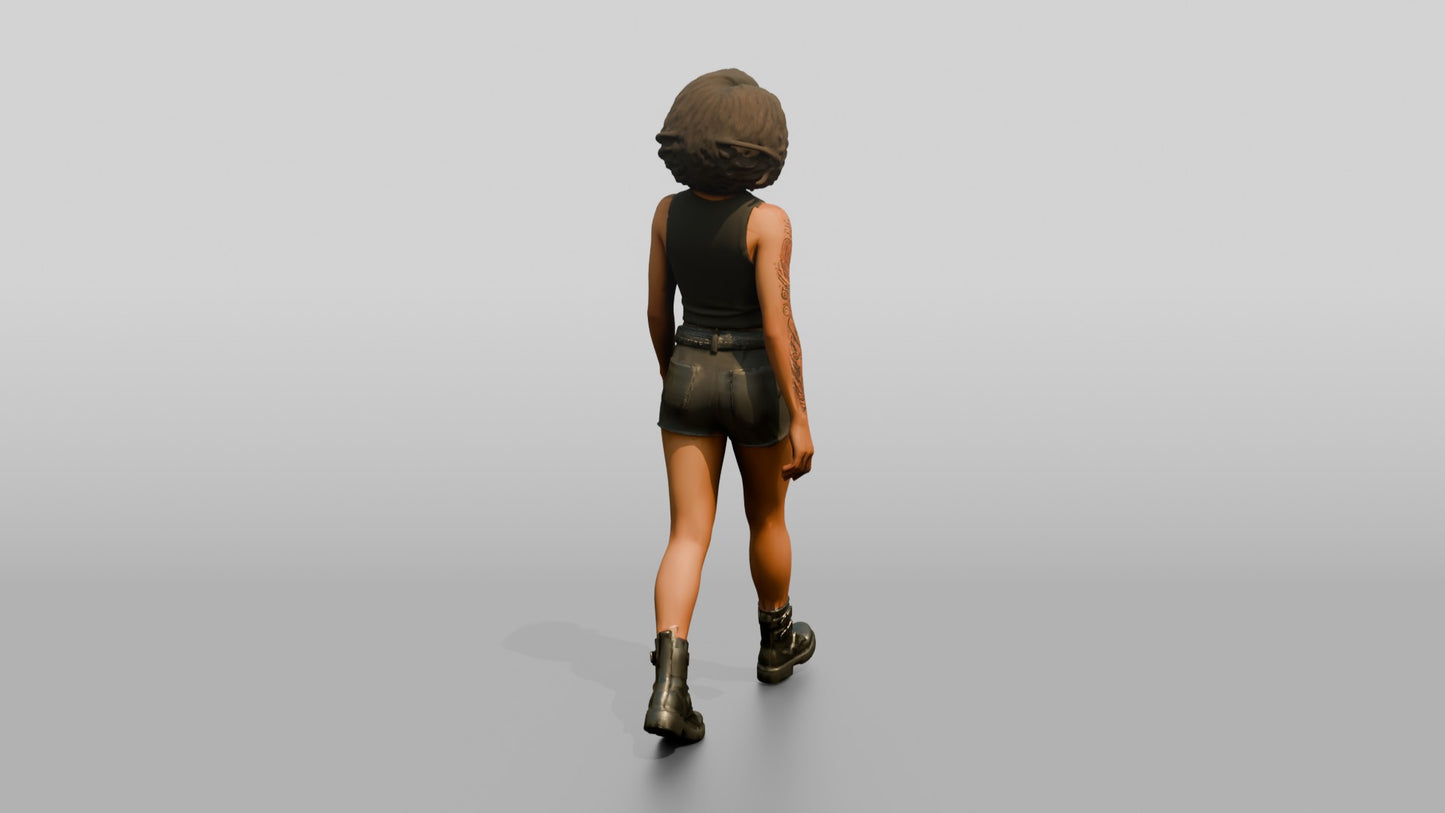 Woman with Curly Hair Walking in Olive Tank Top and Shorts
