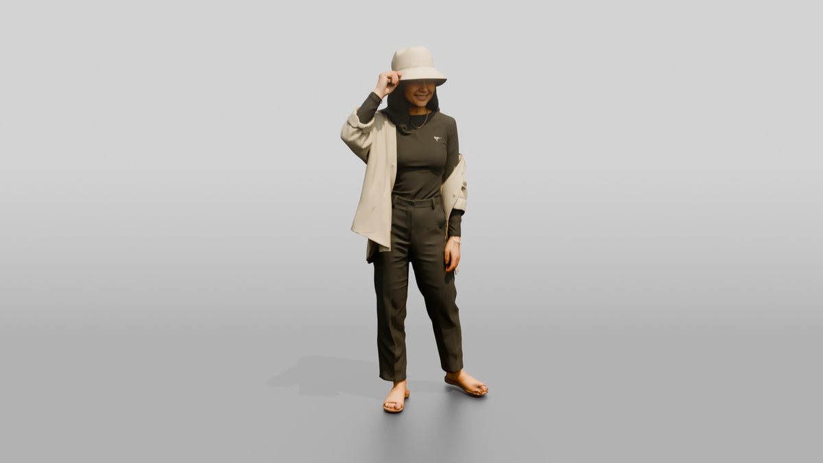 Woman Touching the Rim of Her Hat - 3D character model, view 1