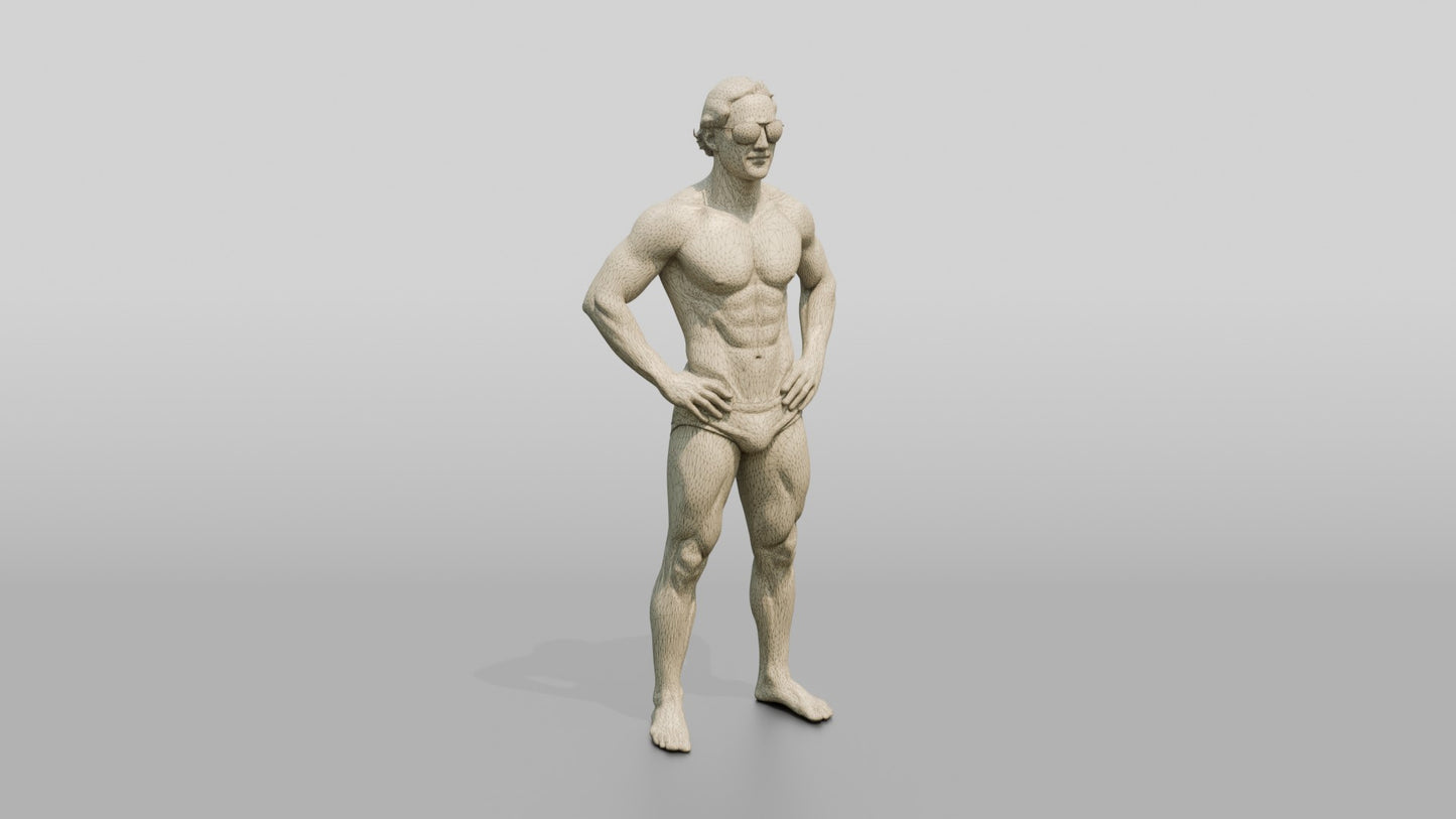 Latino Man in Geometric Swim Brief Beach Pose