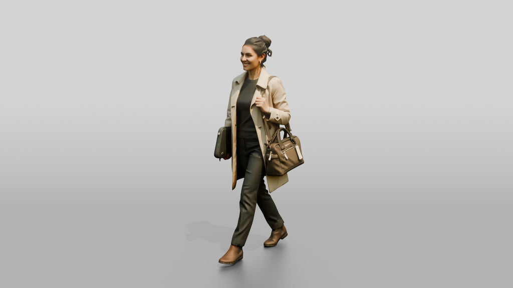 Woman in Beige Trench Coat Walking with Handbag and Briefcase