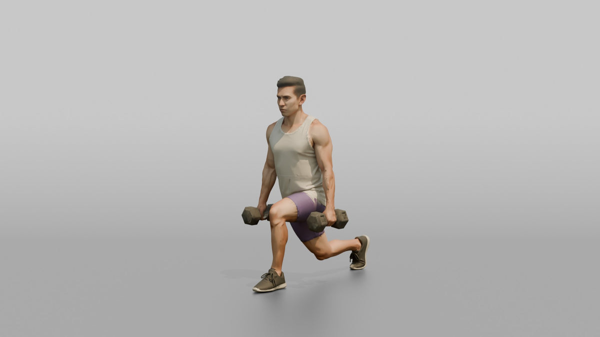 Weightlifter Man Holding Two Dumbbells At The Sides Mid-lunge - 3D character model, view 4