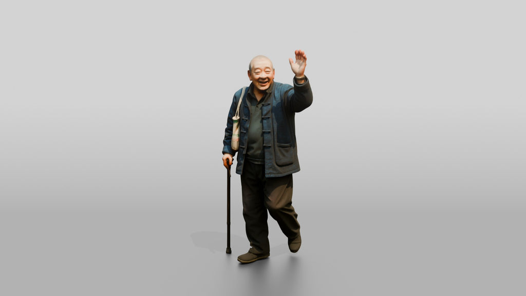 Elderly Chinese Man Waving While Walking with Cane