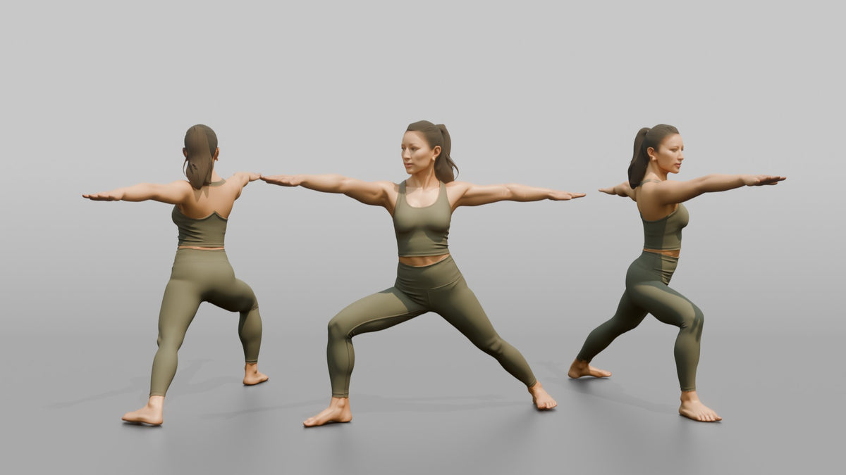 Fitness Influencer Woman Holding A Warrior-pose Stretch - 3D character model, view 1