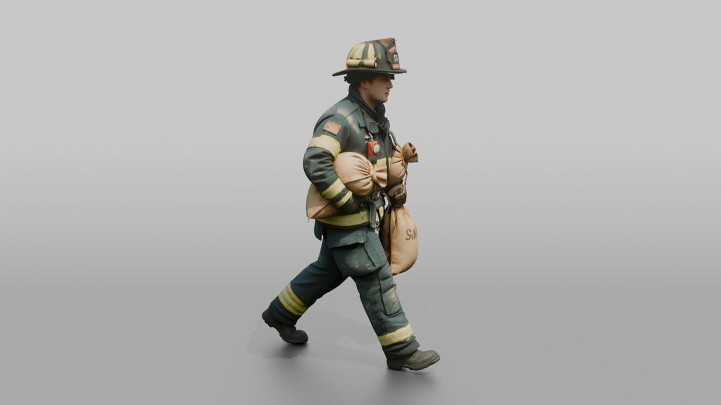 Firefighter Man Hauling a Sandbag Under Each Arm