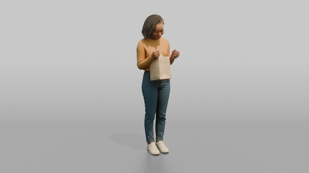 Woman Customer Holding A Shopping Bag Up To Check Its Contents - 3D character model