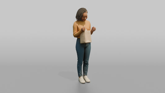Woman Customer Holding A Shopping Bag Up To Check Its Contents - 3D character model