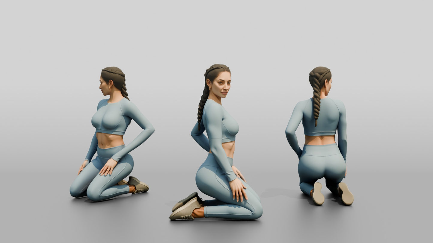 Woman Kneeling in Dusty Blue Long-Sleeve Activewear