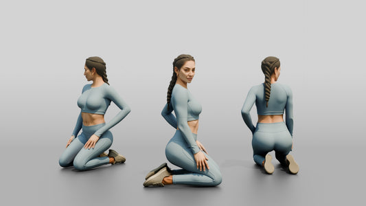 Woman Kneeling in Dusty Blue Long-Sleeve Activewear - 3D character model