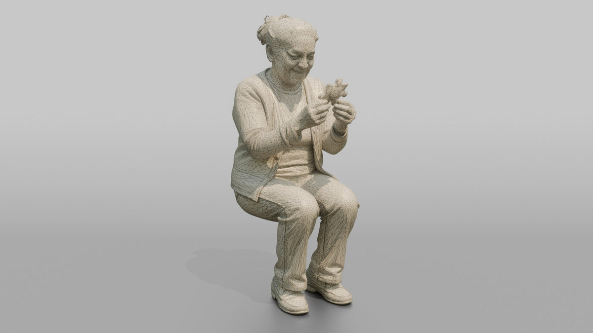 Grandmother Holding A Jigsaw Puzzle Piece, Examining It - wireframe topology preview