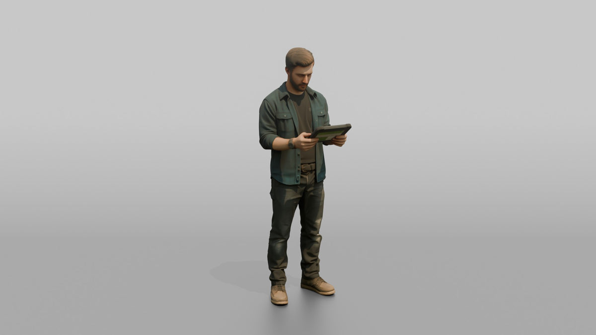 Farmer Holding Digital Tablet To Inspect Crop Health - 3D character model, view 1