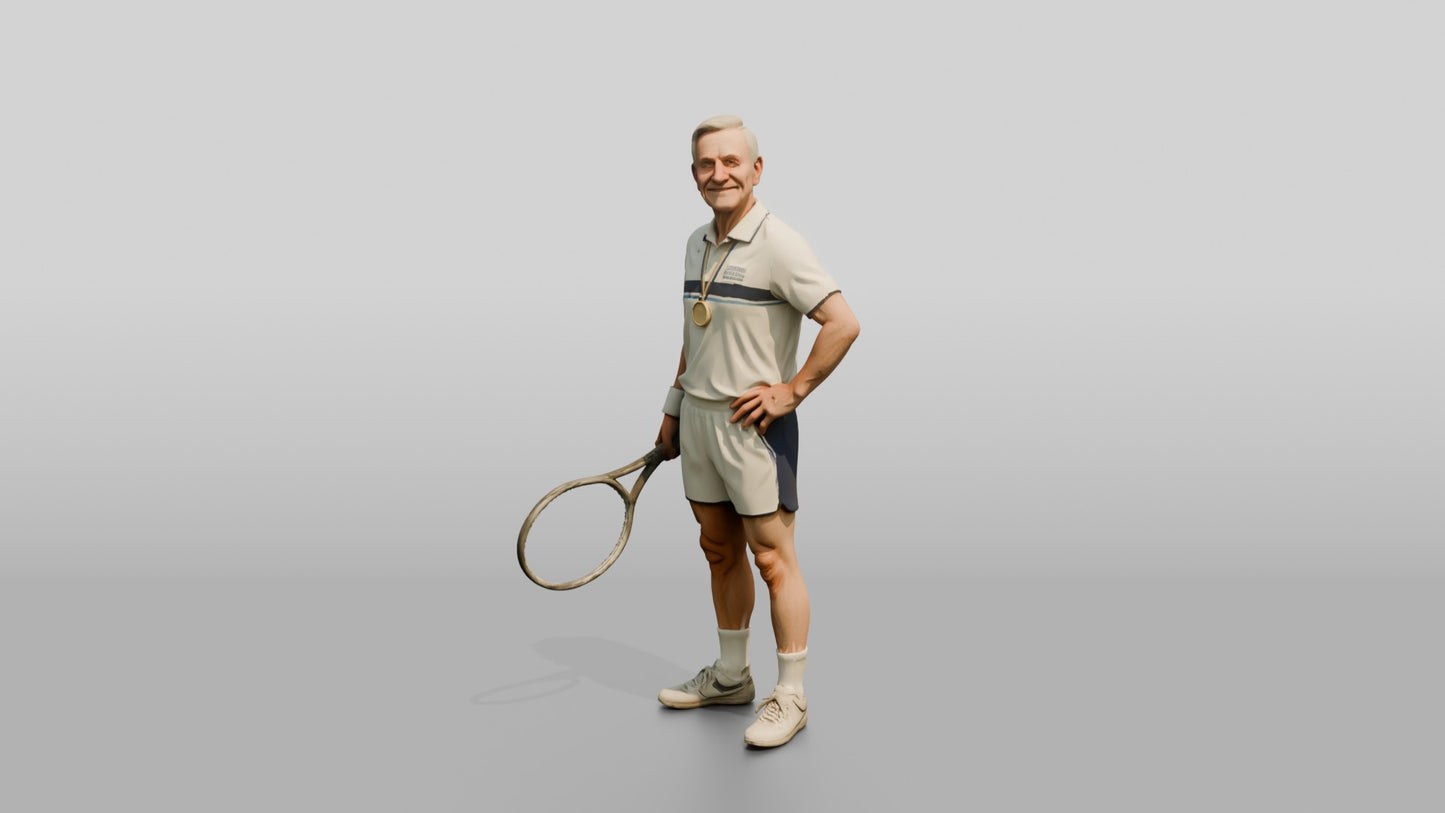 Senior Tennis Player Smiling Up at the Stands