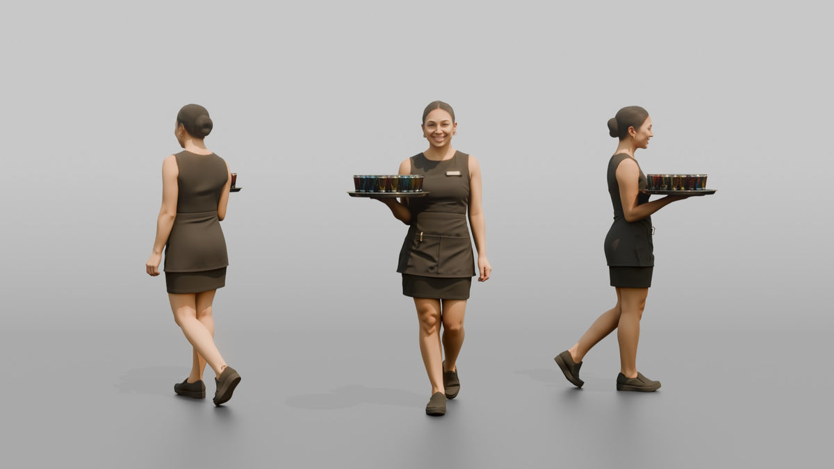 Cocktail Server Woman Carrying A Tray Of Colorful Shots - 3D character model, view 1