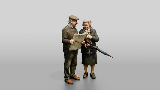 Elderly Couple Reading Map with Umbrella - 3D character model, view 1