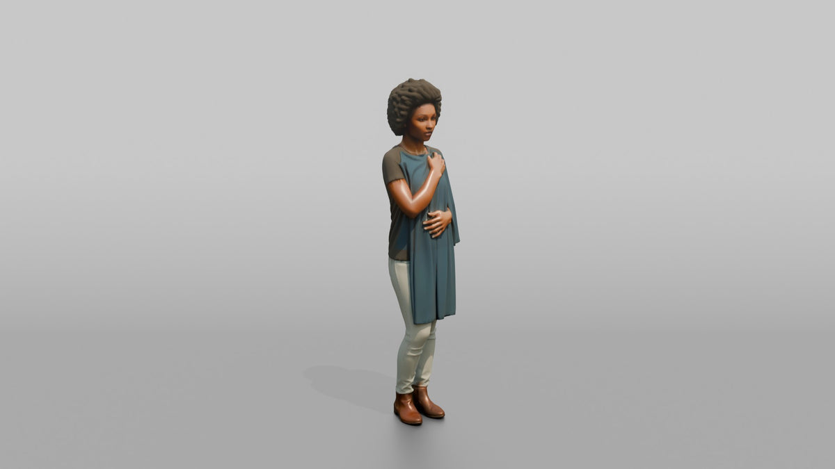 Woman Customer Holding A Dress Against Her Body - 3D character model, view 2