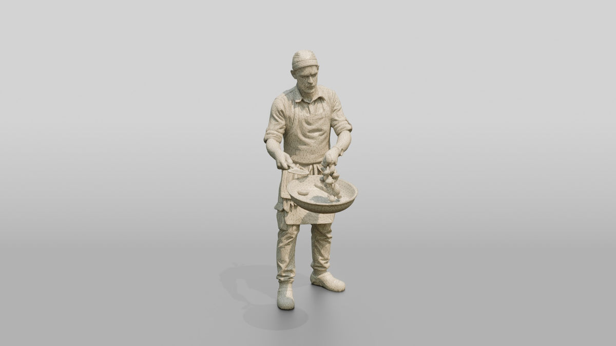 Line Cook Sauteing Mushrooms - wireframe topology preview