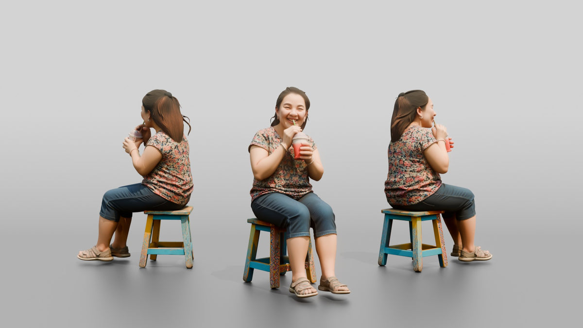 Chinese Woman Sitting on a Stool Drinking - 3D character model