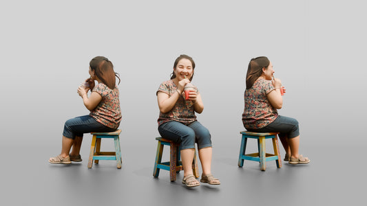 Chinese Woman Sitting on a Stool Drinking - 3D character model