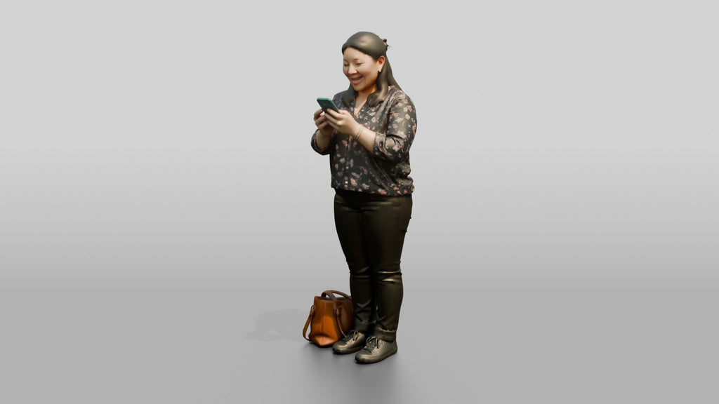 Chinese Woman Checking Phone with Shopping Bags